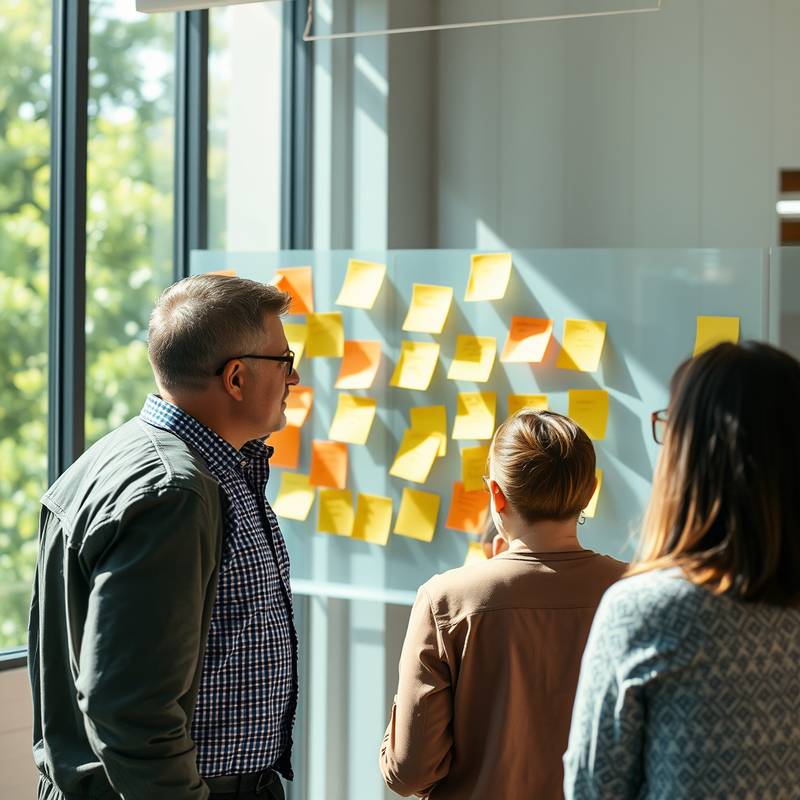 Group brainstorming using sticky notes during a design thinking workshop