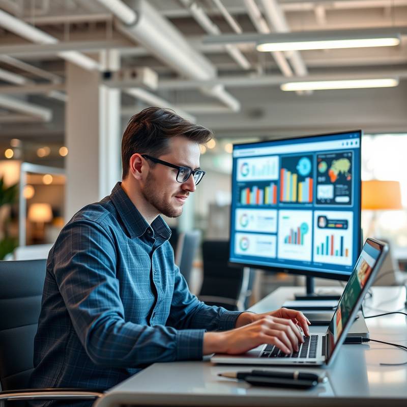 Person managing digital marketing campaigns on multiple devices