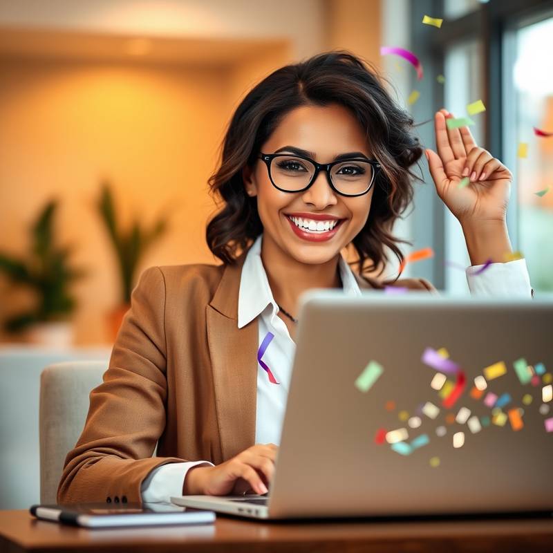 Professional celebrating career advancement using online learning resources